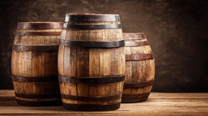 Fototapeta premium Three rustic wooden barrels with metal bands arranged on a wooden surface in a warm and cozy setting perfect for storage and decor