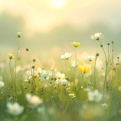 Sunrise over Meadow with Blooming Wildflowers and Morning Light