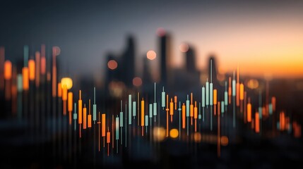 Abstract Financial Chart with Colorful Candlestick Bars in Front of a Blurred City Skyline at Dusk with Orange and Blue Tones