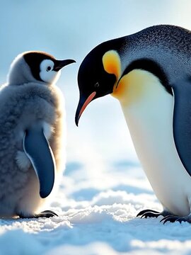An emperor penguin and a fluffy chick stand on snow. The adult penguin has a black head and orange markings. The chick is gray with a white face.