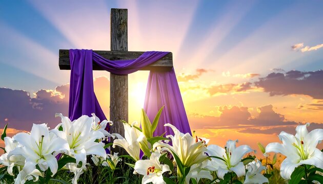 Wooden cross draped with purple cloth amidst white lilies at sunset