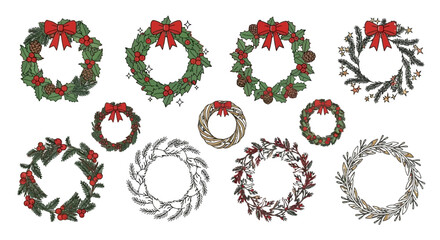 A collection of various hand-drawn Christmas wreaths with bows, berries, and pinecones, showcasing different festive designs and styles.