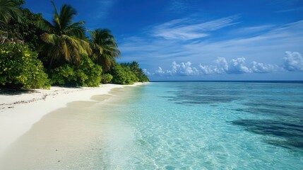 Serene Tropical Paradise: Pristine White Sand Beach Meets Crystal Clear Turquoise Ocean Under a Vivid Blue Sky