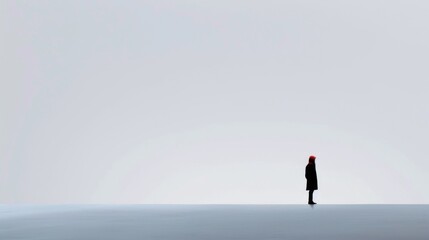 Obraz premium Solitary Figure in a Vast Minimalistic Landscape with a Soft Gray Background and a Bright Red Hat
