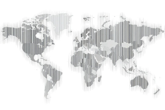 A gray, stylized 3D world map with vertical line effects, representing continents in a modern design