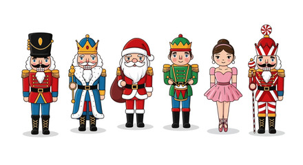 A collection of cute Christmas characters including nutcrackers, Santa Claus, an elf, and a ballerina, isolated on a white background. © Muflif