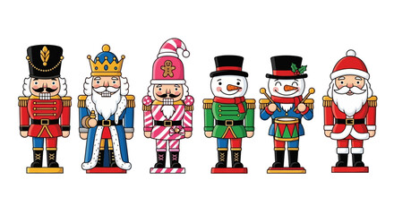 A collection of six festive Christmas characters including nutcrackers, snowmen, and Santa Claus.