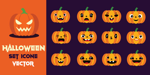 Exciting halloween pumpkin icons set featuring diverse expressions and scary jack-o'-lanterns perfect for holiday design and decor