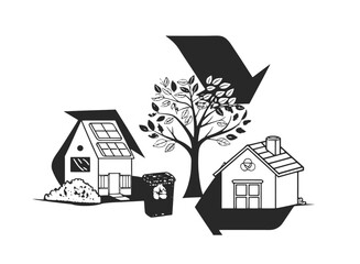 Monochromatic graphic illustration of eco-friendly homes with solar panels, a tree, and a prominent recycling symbol.