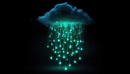 Digital cloud rain, glowing drops