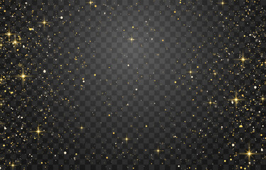 Glitter gold particles shine effect on png background. Vector gold glitter particles effect and texture. Stardust amber particles color on transparent background. Golden explosion of confetti.