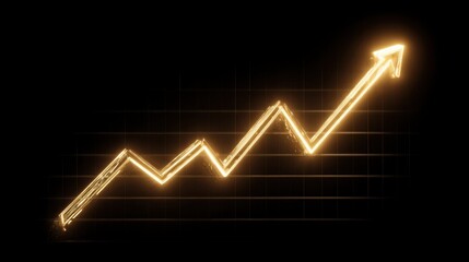 Glowing Gold Line Graph Representing Positive Growth Trend on Black Background with Arrow Indicating Financial Success and Business Advancement