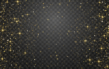 Glitter gold particles shine effect on png background. Vector gold glitter particles effect and texture. Stardust amber particles color on transparent background. Golden explosion of confetti.