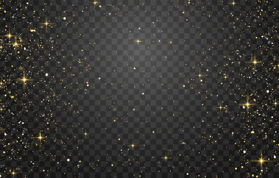 Glitter gold particles shine effect on png background. Vector gold glitter particles effect and texture. Stardust amber particles color on transparent background. Golden explosion of confetti.
