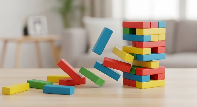 Colorful Wooden Blocks Tower Game Falling Apart on Table.