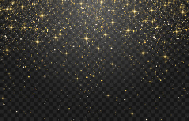 Glitter gold particles shine effect on png background. Vector gold glitter particles effect and texture. Stardust amber particles color on transparent background. Golden explosion of confetti.