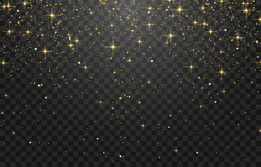 Glitter gold particles shine effect on png background. Vector gold glitter particles effect and texture. Stardust amber particles color on transparent background. Golden explosion of confetti.
