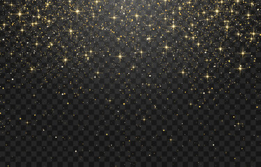 Glitter gold particles shine effect on png background. Vector gold glitter particles effect and texture. Stardust amber particles color on transparent background. Golden explosion of confetti.
