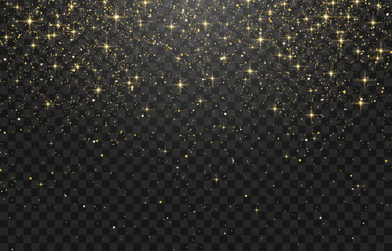 Glitter gold particles shine effect on png background. Vector gold glitter particles effect and texture. Stardust amber particles color on transparent background. Golden explosion of confetti.