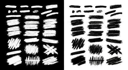 Collection of various hand-drawn black and white grunge brush strokes and textures for design.