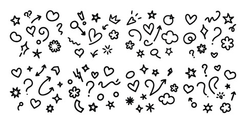 Collection of hand drawn doodle symbols including hearts stars arrows clouds and question marks
