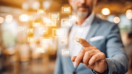 Business professional touching futuristic digital interface with floating icons in modern office environment du daytime