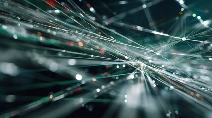 Abstract network connectivity with light trails, modern technology visual, digital art, glowing lines, futuristic design elements in dark background