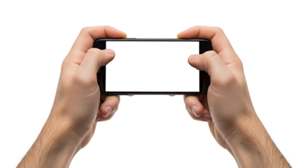 Man holding smartphone horizontally with blank white screen for application mockups