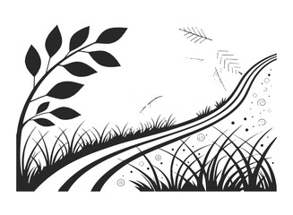 Monochrome graphic nature scene with stylized plant, lush grass, winding path, and abstract floating elements.