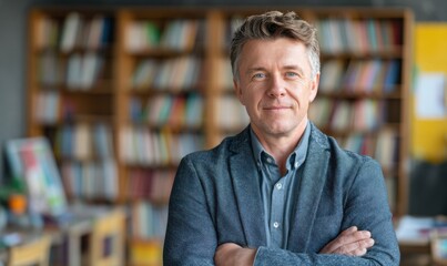 Smiling man in a library with bookshelves in the background.