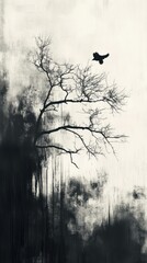 Silhouette of a lone crow soaring past a stark, bare tree against a textured, abstract background