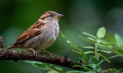 Sparrow Perched on Branch Amidst Lush Green Foliage.