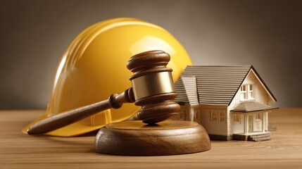 Construction concept with a yellow safety helmet gavel and miniature house model representing building, safety, and legal regulations in construction