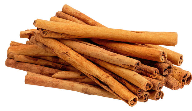 A pile of dried cinnamon sticks, with various lengths, arranged in a haphazard formation