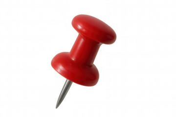 Red pushpin with plastic head and metal pin, marking location or attaching document on transparent background
