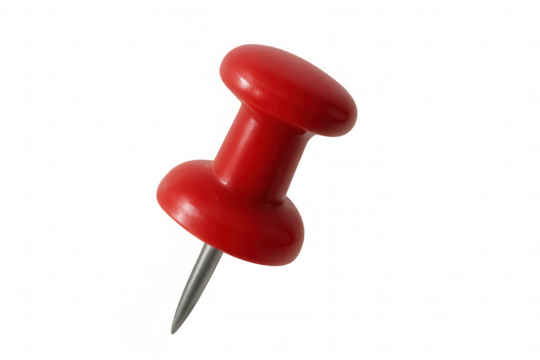 Red pushpin with plastic head and metal pin, marking location or attaching document on transparent background