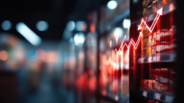 Modern supermarket interior with blurred shelves and dynamic graph illustration depicting growth in sales or market trends in a retail environment