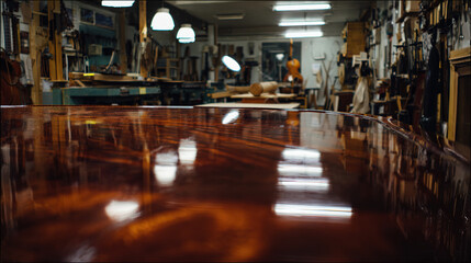 woodwork. A beautifully crafted wooden table with a smooth, reflective varnished surface. product launch decks, UI/UX mockups, designed for data visualization dashboards and holographic UIs.
