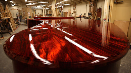 woodwork. A beautifully crafted wooden table with a smooth, reflective varnished surface. product launch decks, UI/UX mockups, designed for data visualization dashboards and holographic UIs.
