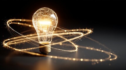 Glowing light bulb surrounded by orbiting network lines representing innovation and creativity in a digital world