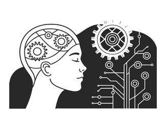 Monochrome Human Head Profile with Internal Gears and External Circuitry Design
