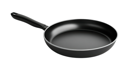Black frying pan with a non-stick surface, isolated on a dark background