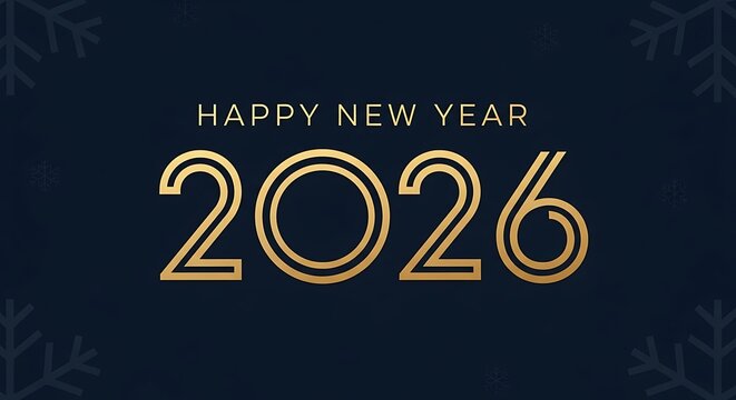 Happy new year 2026 text with snowflakes and gold numbers on a dark blue background