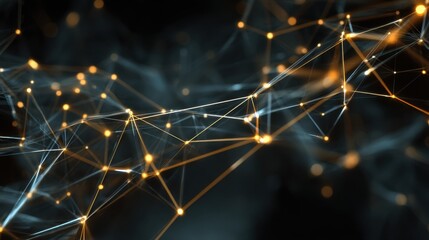Fototapeta premium Abstract visualization of interconnected lines and glowing dots representing technology and data networks in a dark background