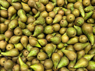 Fresh green pears piled in a grocery store fruit section