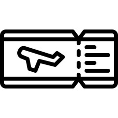 Simple black and white airplane ticket icon with a plane silhouette and ticket details on a transparent background representing travel and transportation.