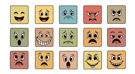 A grid of 15 square cartoon faces displaying a variety of emotions and expressions.