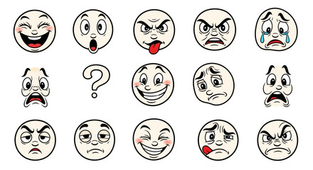 A collection of cartoon emoji faces expressing various human emotions and states.