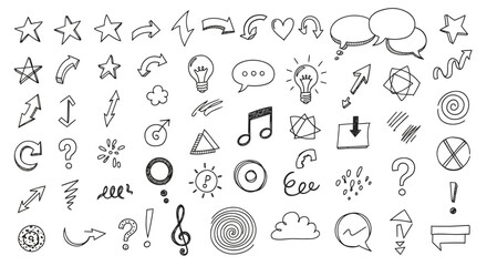 Hand-drawn doodle icons and symbols set, including arrows, stars, and speech bubbles.