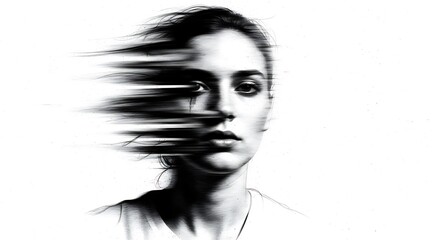 Abstract portrait of a woman with a dissolving or fragmented face, conveying emotion